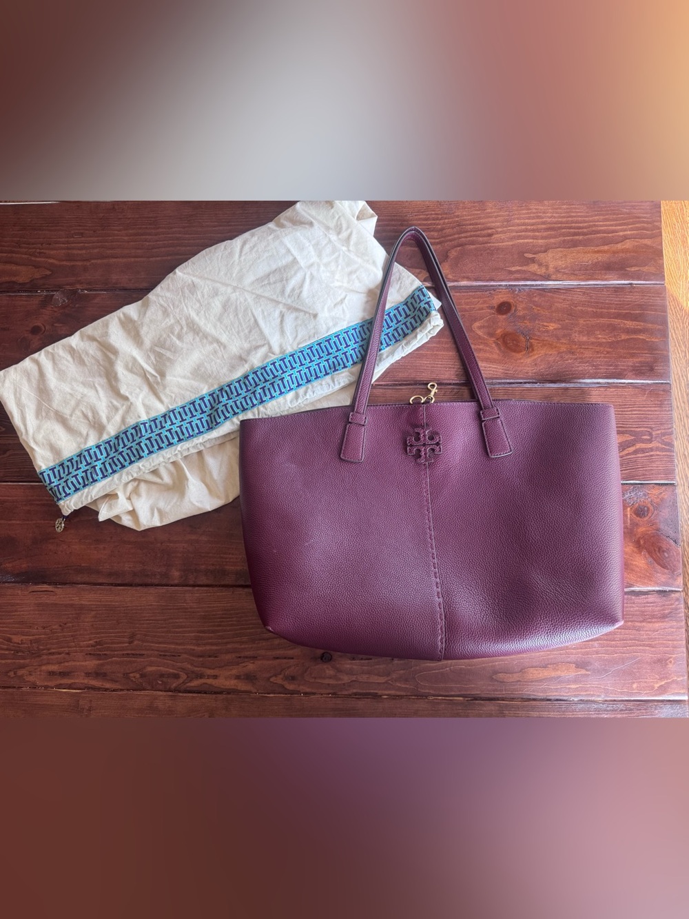 Tory Burch McGraw Burgundy Pebbled Leather Large Tote Bag Dust Bag